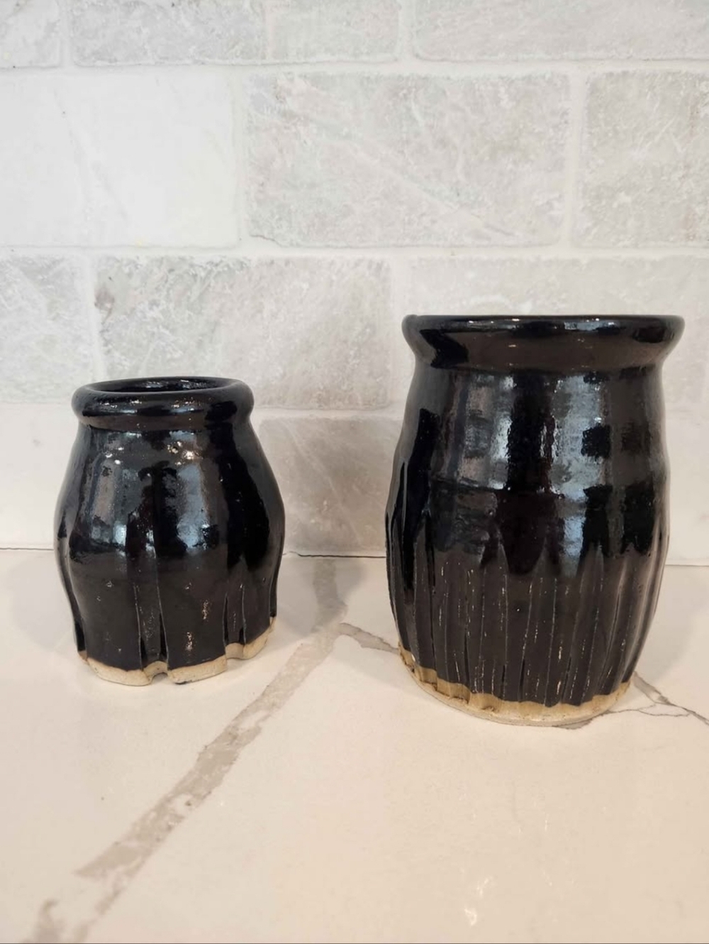Handmade Pottery Black/Midnight Blue Glazed Ribbed Vases Small & Medium Set - Picture 2 of 6